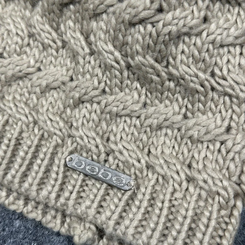 Bebe Tan Beige Cable Knit Scarf and Pom Beanie Hat Set OSFM Fringe‎ Logo